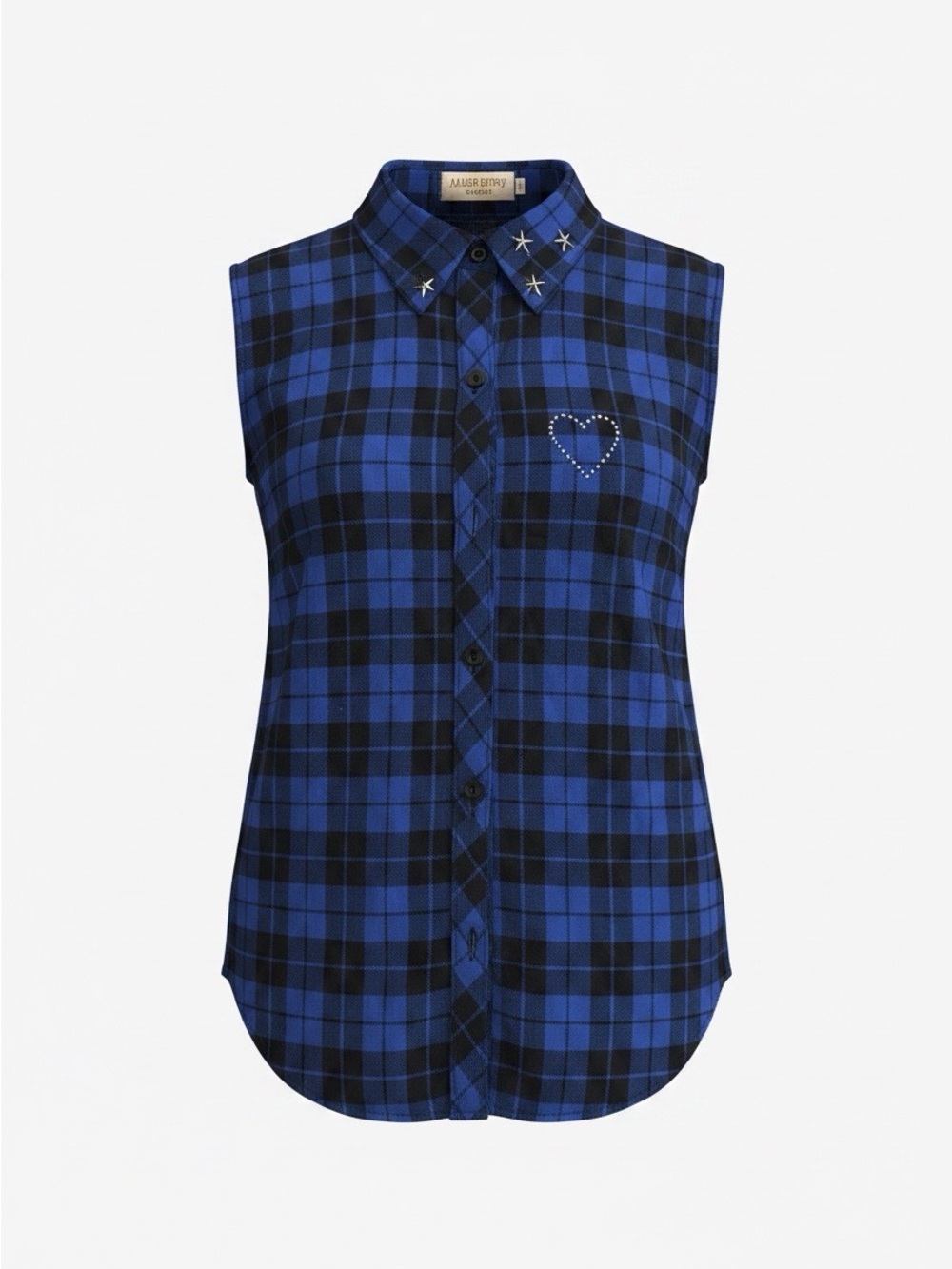 All Saints Royal Blue and Black Plaid Sleeveless Button-Down with Stud Collar